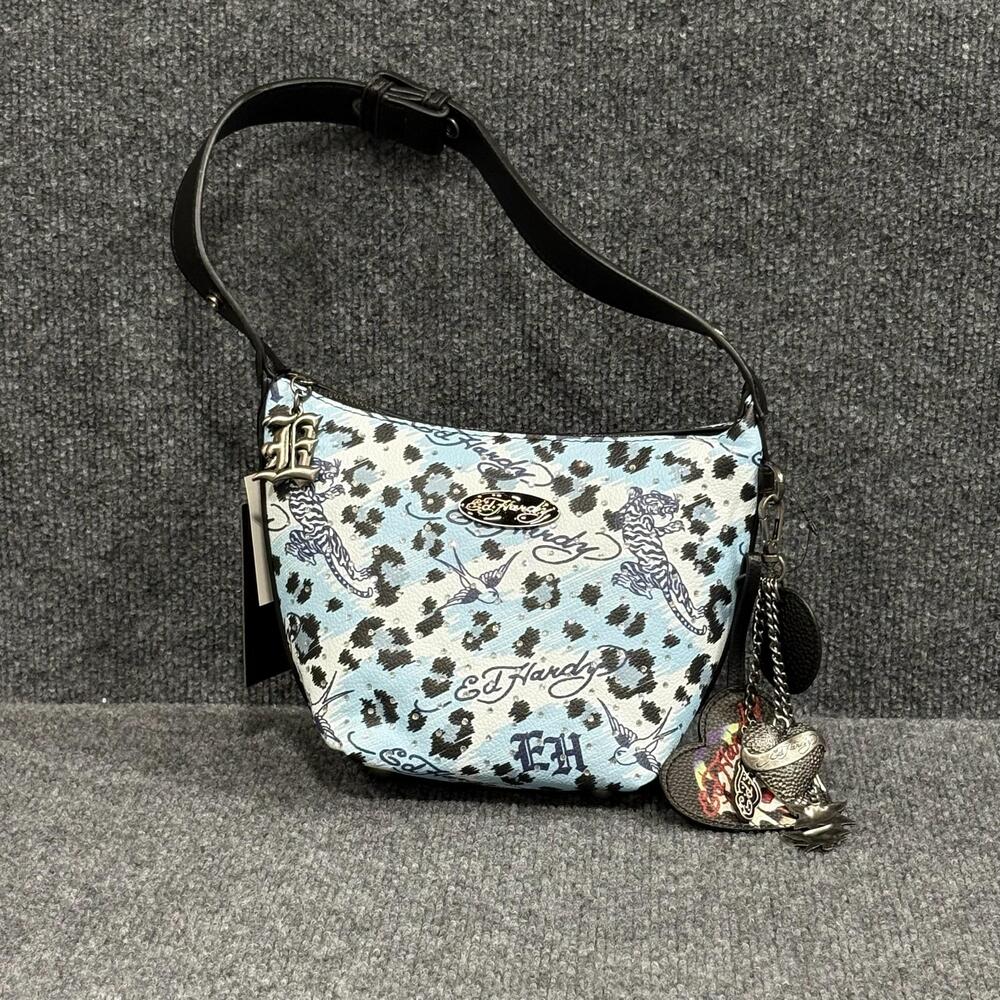 Ed Hardy Shoulder Bag Womens Small Blue Leopard Print Zip Top Tattoo Skull Charm